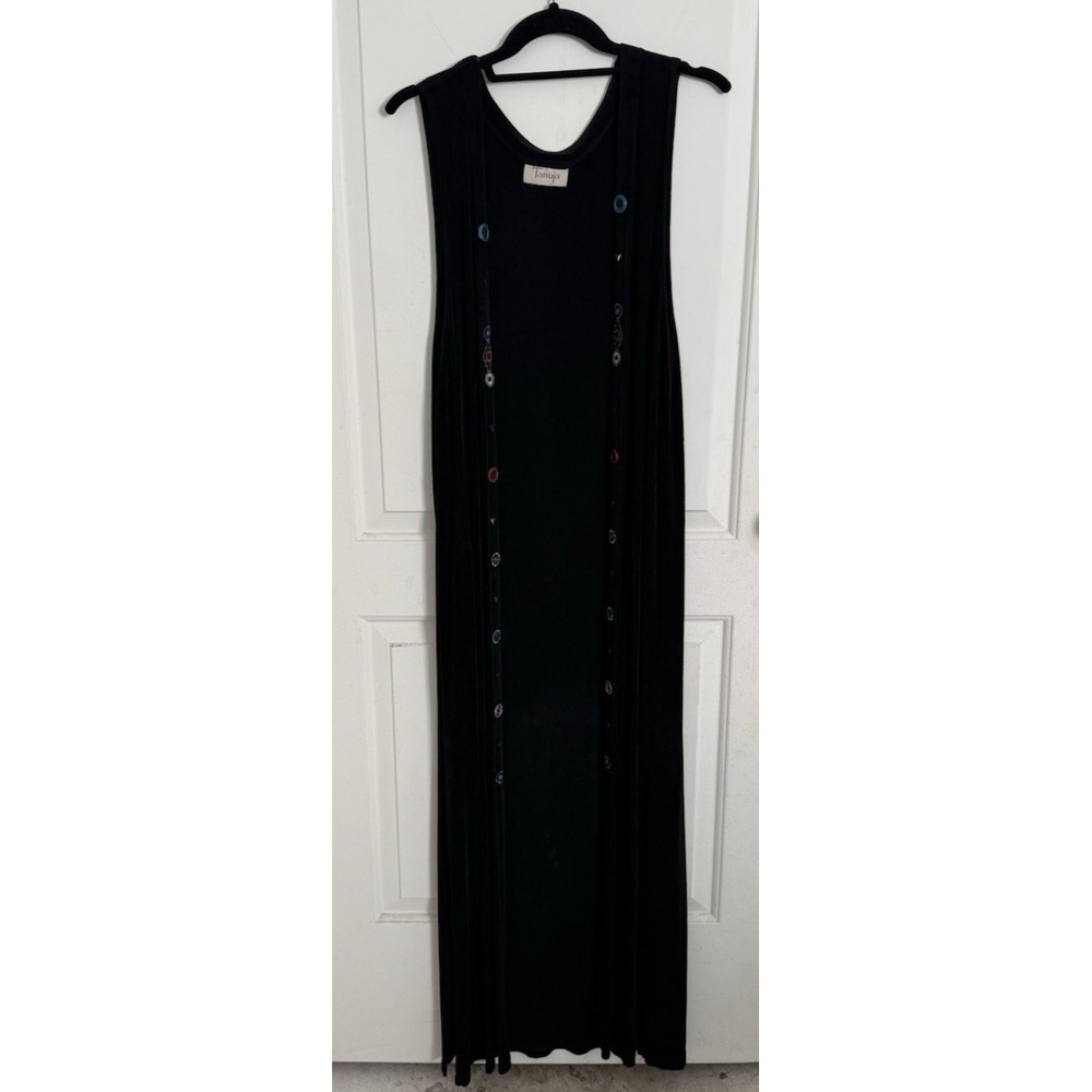Vtg Open Front Sleeveless long Duster Vest‎ One Size Liquid Knit Black Boho Goth